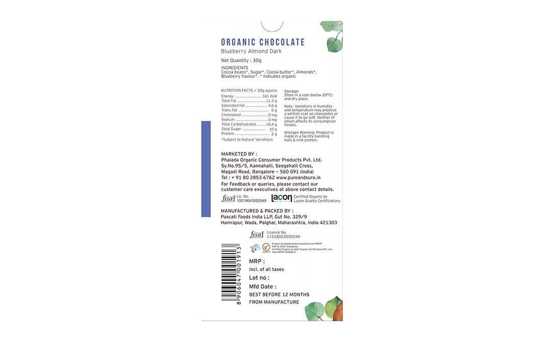 Pure & Sure Organic Chocolate Blueberry Almond Dark   Pack  30 grams